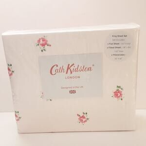 Cath Kidston London King 4PC Cotton Sheet Set -Small Rosebud Pink White NEW